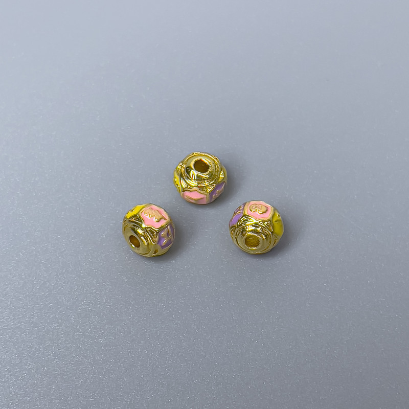 Korálka Cloisonné rondelle růžová, žlutá a fialová smalt, průměr 6×5 mm, díra 1 mm, zlatý odstín kovu, 1 ks