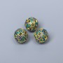 Korálka Cloisonné – modrotyrkysová smaltovaná, průměr 10 mm, otvor 2 mm, matové zlaté barvy kovu, 1 ks