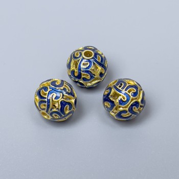 Korálek Cloisonné se modrou emailovou glazurou, průměr 10 mm ± otvor 2 mm, zlatavý odstín kovu, 1 ks