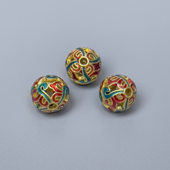 Korálka Cloisonné červená a tyrkysová smalt, průměr 10 mm, otvor 2 mm, zlatý odstín kovu, 1 ks
