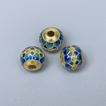 Korálka Cloisonné tyrkysově modrá email, průměr 10×9 mm, díra o průměru 3 mm, zlatý odstín kovu, 1 ks