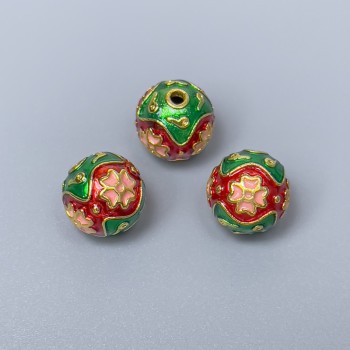 Klaisonový korálek Cloisonné zelený, červený a růžový smalt, průměr 10 mm, dírka 2 mm, zlatavá barva kovu, 1 ks