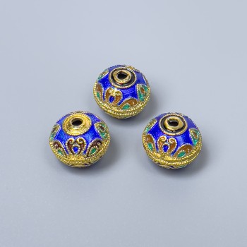 Korálek Cloisonné s modrým smaltem, rozměry 10×9 mm, otvor Ø cca 1,8 mm, zlatý odstín kovu, 1 ks