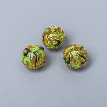 Korálka Cloisonné se zelenou smaltem, průměr 10 mm ± otvor 2 mm, zlatá barva kovu, 1 ks