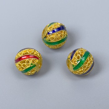 Kovová součástka – korálek Cloisonné modrý, červený a zelený smalt, průměr 10 mm, díra 1,8 mm, zlatá barva kovu, 1 ks