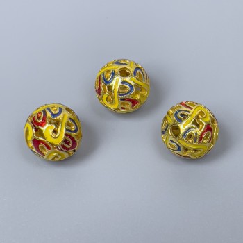 Korálek Cloisonné s emailem červená, žlutá a modrá, průměr 10 mm, dírka 2 mm, zlatistý kov, 1 ks