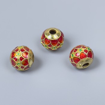 Korálka Cloisonné červená a zelená smalt, průměr 10×9 mm, otvor 3 mm, zlatistý odstín kovu, 1 ks
