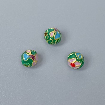 Korálek Cloisonné zeleno-fialový smalt, průměr 6 mm ±, otvor 1 mm, zlatý odstín kovu, 1 ks