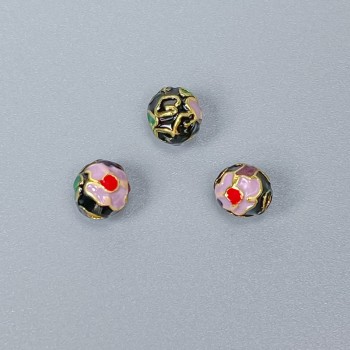 Korálek Cloisonné s enamelem, černá, fialová a zelená, průměr 6 mm, dírka 1 mm, zlatá barva kovu, 1 ks