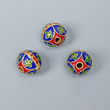 Korálek Cloisonné modro-červený smalt, průměr 10 mm ±, dírka 2 mm, zlatý odstín kovu, 1 ks