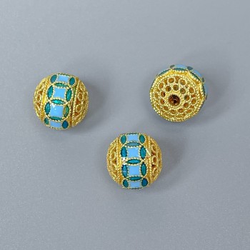 Kluazone korálka, modrá emailová glazura, průměr 10 mm, otvor 2 mm, zlatavá barva kovu, 1 ks