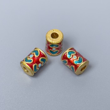 Korálka Cloisonné cylindrická tyrkysovo-červená smalt, průměr 8×10 mm, ± dírka 3 mm, zlatá barva kovu, 1 ks