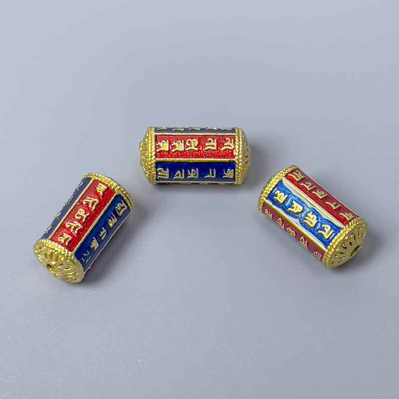 Kloisonová cylindrická korálka modro-červený smalt, průměr 7×14 mm, otvor 1,5 mm, kov zlaté barvy, 1 ks