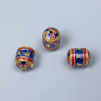 Korálka Cloisonné cylindrová modro-červená smaltovaná, rozměr 8×10 mm, díra 1 mm, zlatý odstín kovu, 1 ks