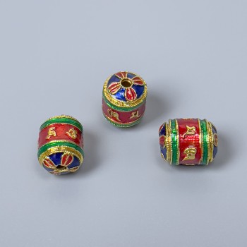 Korálka Cloisonné cylindrická modrá, červená a zelená se smaltem, průměr 8×10 mm, otvor cca 1 mm, zlatavá barva kovu, 1 ks