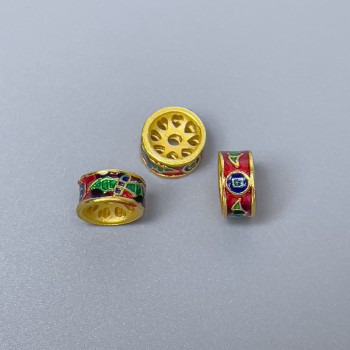 Korálek Cloisonné rondel - smalt, červená, zelená a modrá, průměr 8×4 mm, díra 1 mm, zlatistý odstín kovu, 1 ks