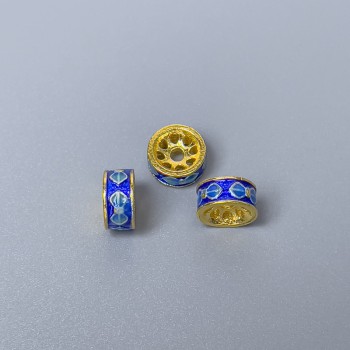 Korálka Cloisonné rondel, modro-azurová smaltovaná, průměr 8×4 mm, díra 1,8 mm, zlatá barva kovu, 1 ks