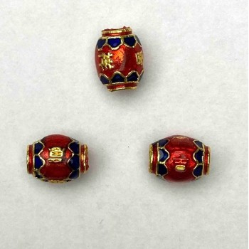 Korálka Cloisonné barilového tvaru, červená a modrá email na zlatém kovu, průměr 8×10 mm, otvor 1,8 mm, 1 ks