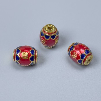 Korálka Cloisonné baril – červená a modrá smalt, průměr 10×8 mm, otvor 1,8 mm, zlatý odstín kovu, 1 ks
