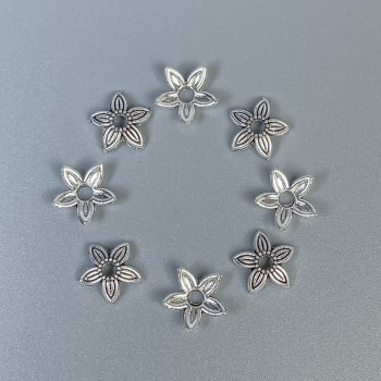 Korálkové čepičky, kovová barva stříbrná, průměr 8×1 mm ± otvor, průměr 1,8 mm ± balení 20 g (~100 ks)