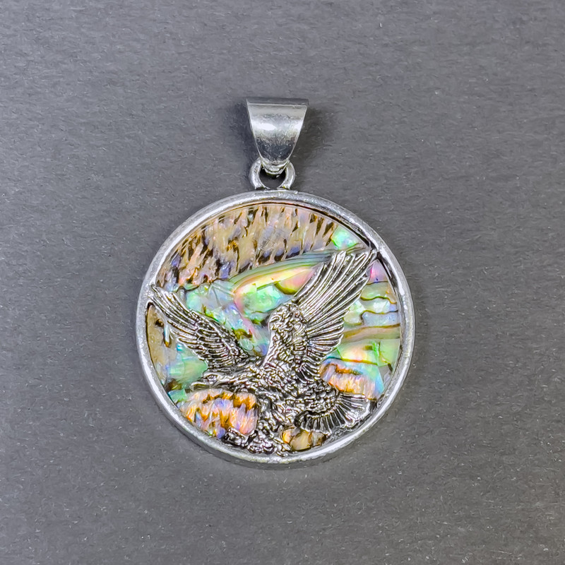 Přívěsek z haliotitu «Orel», stříbrný kov, průměr 32 mm+