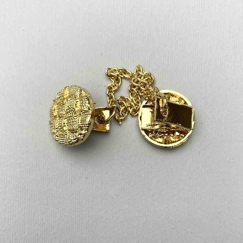 Brož pro kardigany zlatého kovu, průměr 20 mm ±, řetízek, délka cca 9 cm