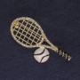 Brož „Tenisová raketa s míčem“, bílé štrasové kamínky, zlatistý kov, průměr 44 × 22 mm +
