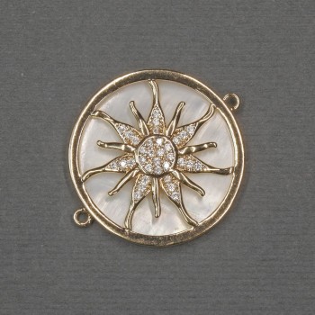 Konektor Slunce s přírodní perletí 25×30×3 mm ± zlatý kov