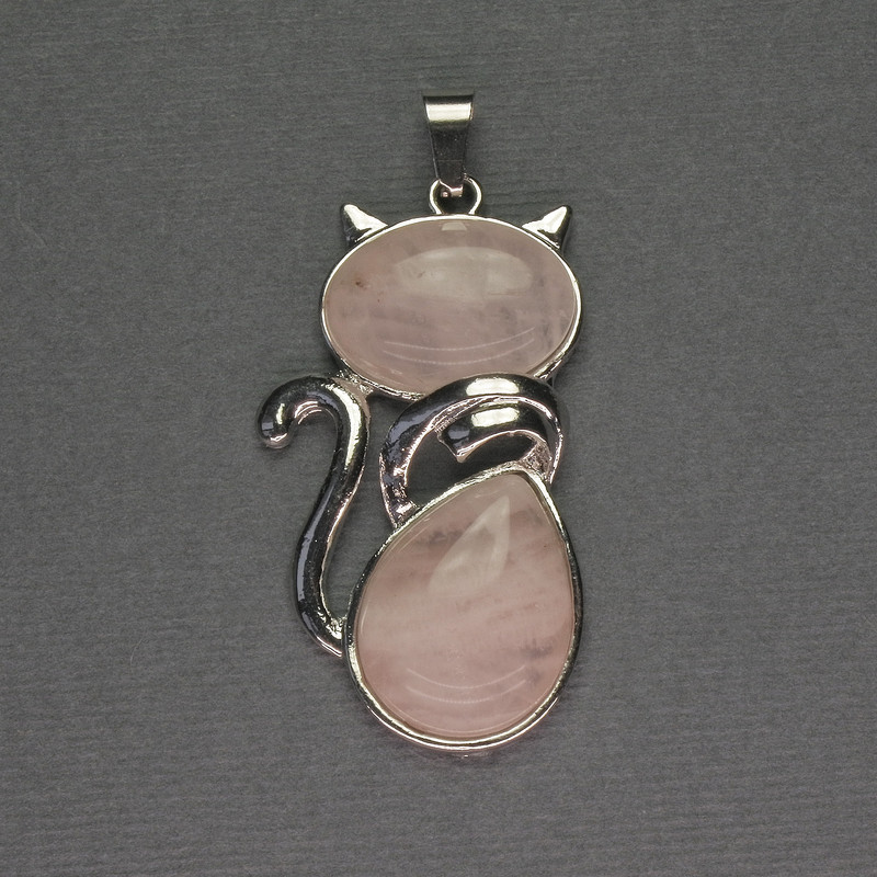 Přívěšek Kočka z růžového křemene 25×51 mm ± stříbrný kov