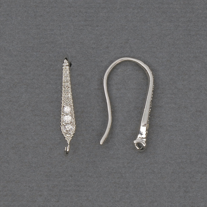 Háčky na náušnice s bílými štrasovými kamínky, stříbrný kov, 18×3 mm – pár