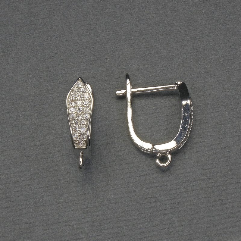 Háčky na náušnice s bílými kamínky, stříbrný kov, 16×5 mm – pár