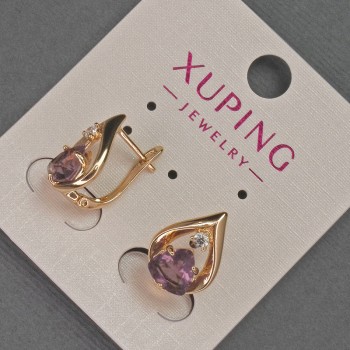 Náušnice Xuping se bílými štrasami a fialovým krystalem, průměr 11 mm, délka 16 mm, pozlacení 18K