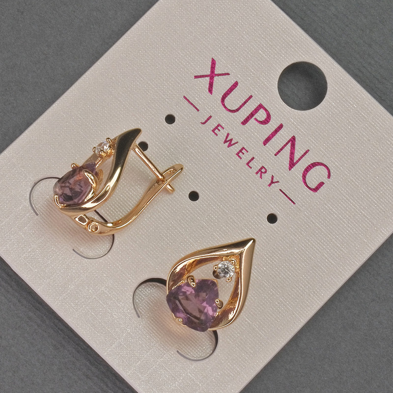 Náušnice Xuping se bílými štrasami a fialovým krystalem, průměr 11 mm, délka 16 mm, pozlacení 18K
