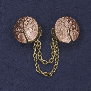 Brož pro kardigany, růžový smalt, zlatistý kov, průměr 20 mm ±, délka řetízku 9 cm