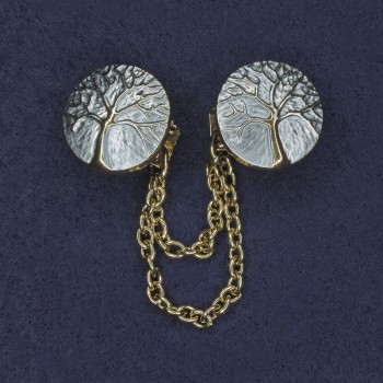 Brož na kardigány s modrým smaltem a zlatým kovem, průměr 20 mm ±, řetízek délka 9 cm+