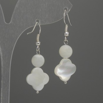 Náušnice Perlamurt čtyřlístek 12 mm ±, kulička 8 mm ±, délka cca 38 mm