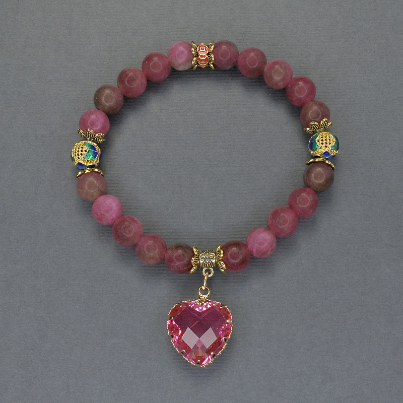 Náramek z turmalínu, hladká kulička, průměr 8 mm ±, korálky Cloisonné s kovovými vložkami a přívěskem, délka 18 cm elastický