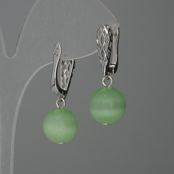 Náušnice z kočičího oka – korálka 12 mm, zelené barvy, délka cca 31 mm