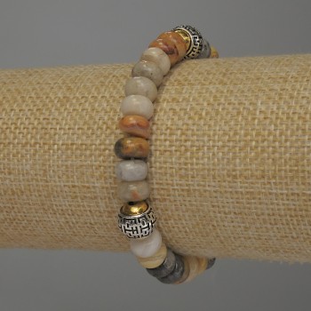 Náramek z jaspisu rondel, průměr 8×5 mm, s vložkou korálky 10 mm, délka 18 cm, elastický