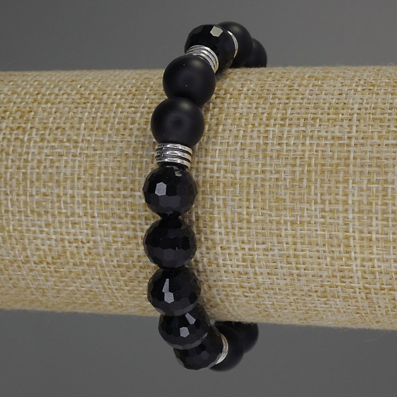 Náramek Assorti hladká kulička a facetovaná kulička, průměr 10 mm ±, s kovovými vsadkami, délka 18 cm, elastický