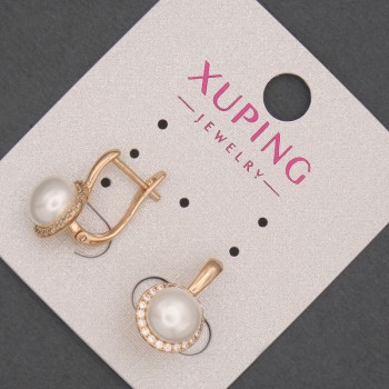 Náušnice Xuping s bílými krystaly a perlou Mallorca, průměr 8 mm, délka 17 mm, pozlacení 18K