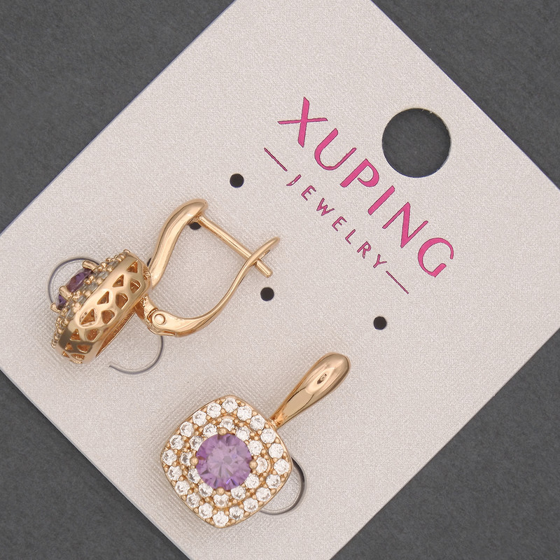 Náušnice Xuping se štrasami a fialovým krystalem, průměr 12 mm, délka cca 20 mm, 18K pozlacení