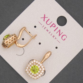 Náušnice Xuping se bílými štrasovými kamínky a olivovým krystalem, průměr 12 mm, délka 20 mm, pozlacení 18K