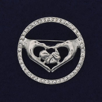 Brož «Srdce» s bílými krystaly, stříbrně lesklý kov, 38 mm+