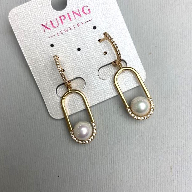 Náušnice Xuping s bílými krystaly a perlou Mallorca, průměr cca 8 mm, délka cca 40 mm, 18K pozlacení