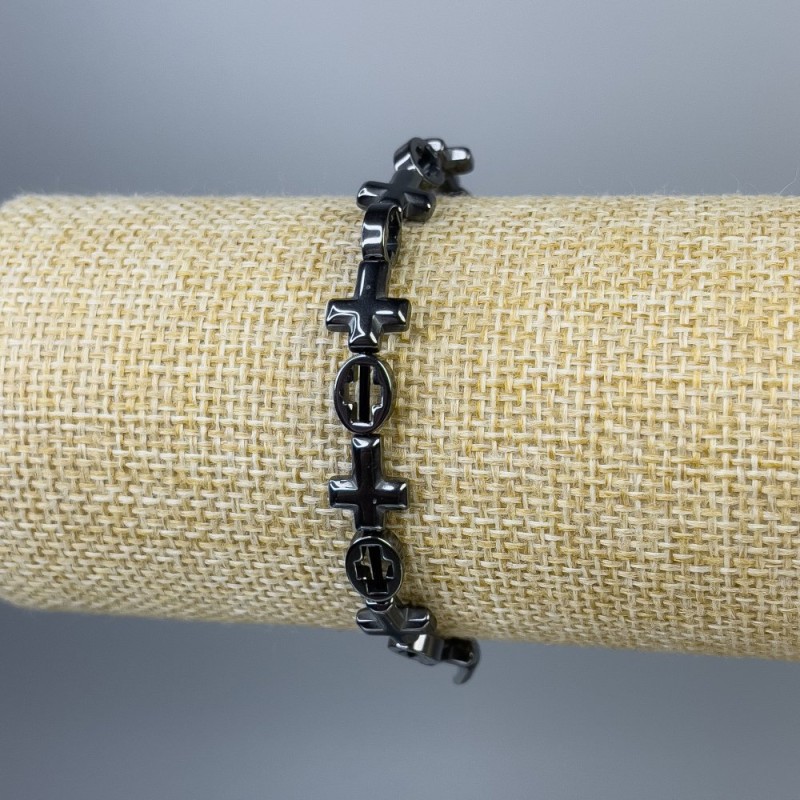 Náramek z hematitu 'Kříž', průměr 6×8 mm ±, průměr 10×9 mm ±, délka 18 cm ±, pružný