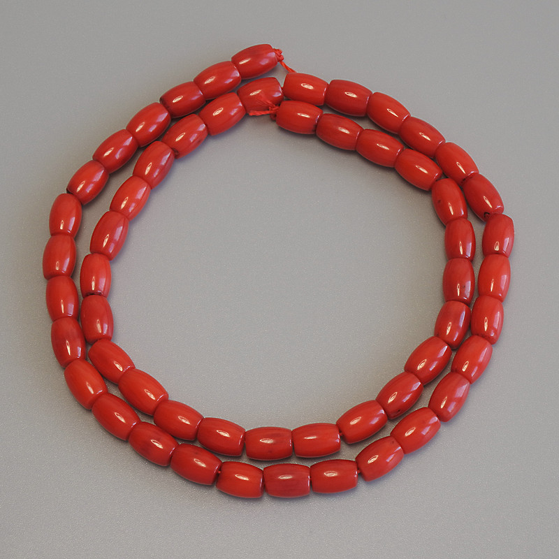 Barilkové korálky z korálu 7×5 mm ±, délka 39 cm ± na niti