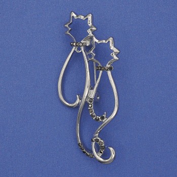 Brož Kočky se šedými štrasovými kameny a stříbrným kovem 58×26 mm+