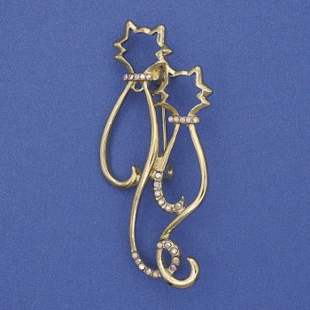 Brož Kočky se duhovými krystaly, matný zlatý kov 58 × 26 mm+