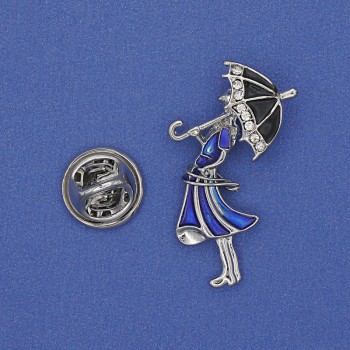 Brož Dívka se deštníkem, bílé štrasové kamínky, modrý smalt, zlatý kov 32×16 mm+